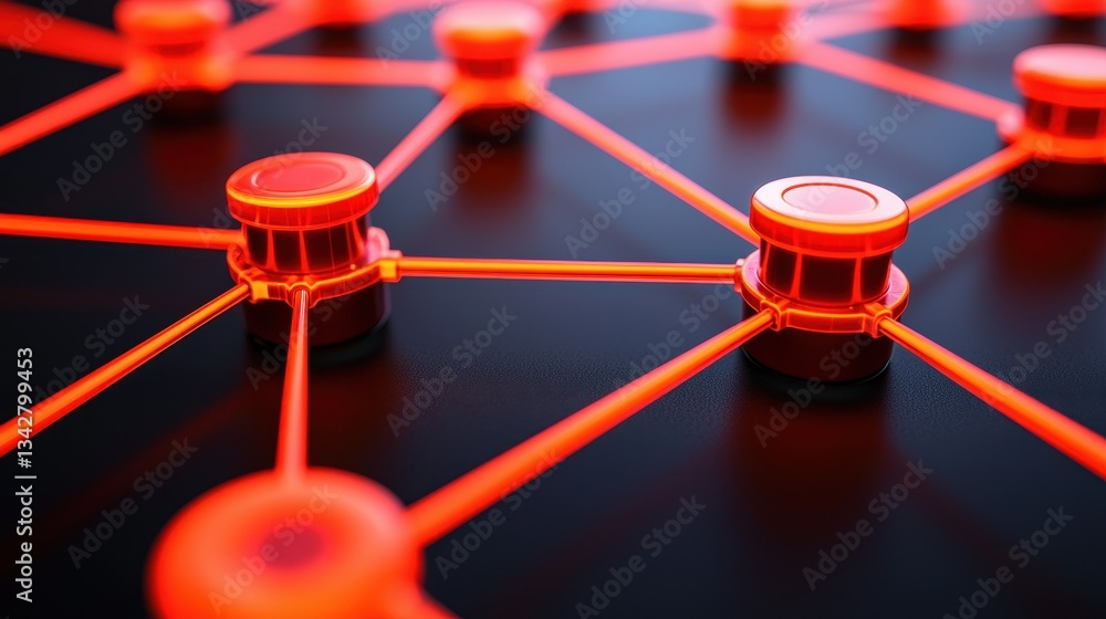 Poster glowing red nodes and connections on dark surface network design