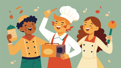 The bakers start to sing along to a lively conjunto tune playing on the radio their voices filling the bakery with joy and energy.. Vector illustration