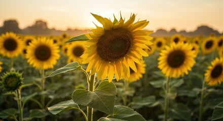 Obraz premium Vibrant sunflowers blooming in a golden field at sunrise with soft sunlight
