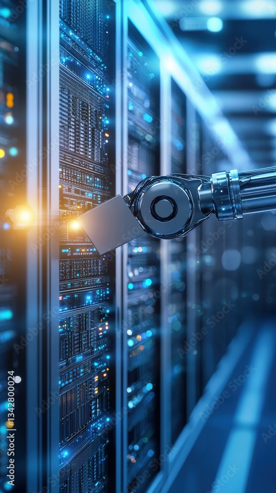 Poster robotic arm operating in high-tech data center with server racks