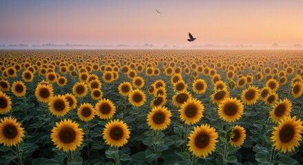 Obraz premium Vibrant sunflower field at sunrise with birds flying in the background