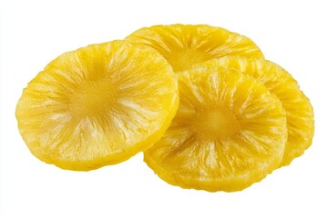Sweet, golden pineapple slices, ready to eat.  Close-up, showing their texture and color