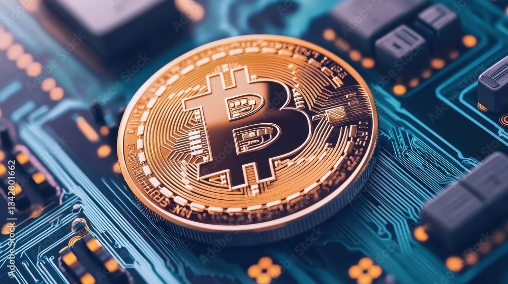 Poster golden bitcoin coin on a circuit board with technology background