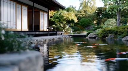 Obraz premium A tranquil koi pond reflects the surrounding greenery and a classic Japanese house. The vibrant koi swim gracefully beneath the clear surface, inviting relaxation and peace