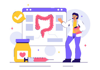 Proctologist or Colonoscopy Vector Illustration with a Doctor Examining the Colon or Small Intestine and Displaying Harmful Bacteria in a Background