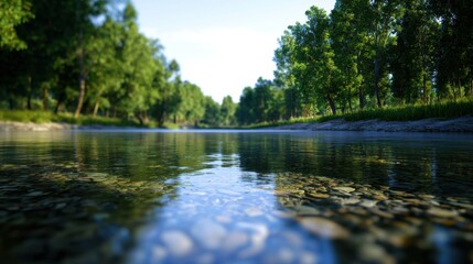 Fototapeta premium A clear river reflects the blue sky and surrounding trees under bright sunlight. The tranquil water flows gently, enhancing the peaceful atmosphere of this natural environment