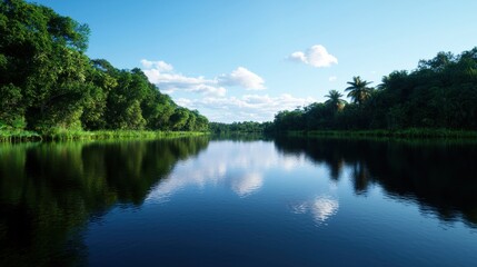 Obraz premium A serene river stretches through dense forests with vibrant trees, reflecting the blue sky and scattered clouds. This peaceful natural setting captures the beauty of the outdoors
