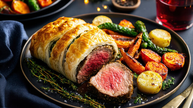 Sliced beef wellington showcases tender meat wrapped in golden pastry, accompanied by vibrant roasted vegetables, all set in a warmly lit dining area