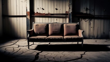 Empty old grunged long chair over concrete with wooden wall