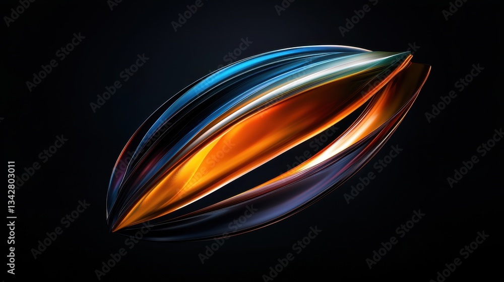 Poster an abstract composition features fluid shapes in shades of blue, orange, and gold, creating a dynami