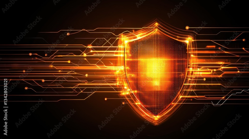 Poster digital shield with glowing lines and circuit background design