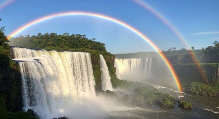 Majestic waterfalls with vibrant rainbows under a clear blue sky in nature