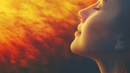 A young woman stands in a calm environment, experiencing peace while warm hues illuminate her profile, evoking a sense of comfort and reflection