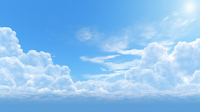 Scenic view of bright blue sky with fluffy white clouds on a clear sunny day