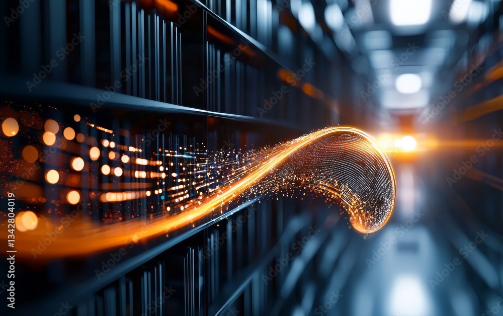 Poster a futuristic library scene with glowing data waves, symbolizing the flow of information within a dig