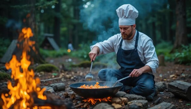 Outdoor Culinary Adventure: Chef Cooking over Campfire in Serene Forest Setting