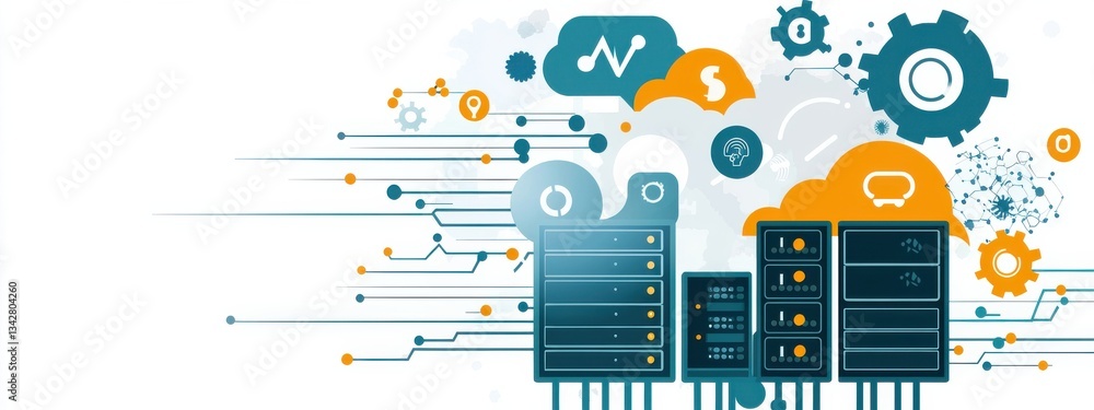Poster vibrant digital network interface with server towers and elements