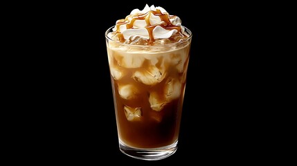 Iced caramel latte coffee in a tall glass with syrup and whipped cream