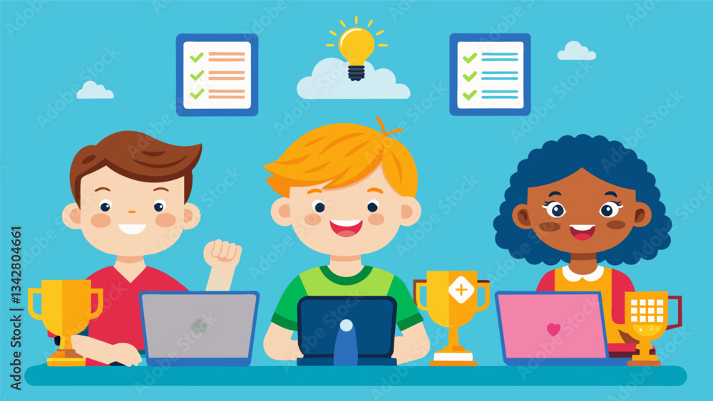 Poster the children enthusiastically take part in a game of educational trivia their quick reflexes and com