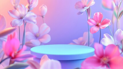 Fototapeta premium A serene display surrounded by colorful flowers on a soft gradient background.