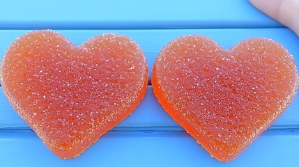 Naklejka na ściany i meble Heart-shaped candies on blue table, close-up, daylight
