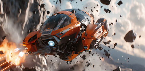 Intense and dramatic digital or 3D rendering of a high speed collision and explosive crash involving an orange supercar  Chaos debris and flames fill the scene