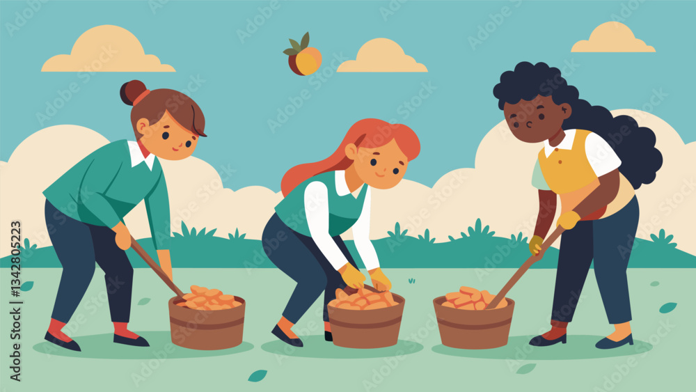 Poster students use small shovels to gently dig up rows of crisp potatoes carefully placing them in baskets