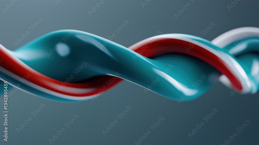 Poster vibrant strands of turquoise and red twist together, forming a dynamic composition. the smooth textu