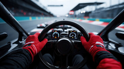 A racing car driver grips the steering wheel with focused determination on a circuit track. The setting sun casts dramatic shadows as the competition heats up, creating a thrilling atmosphere