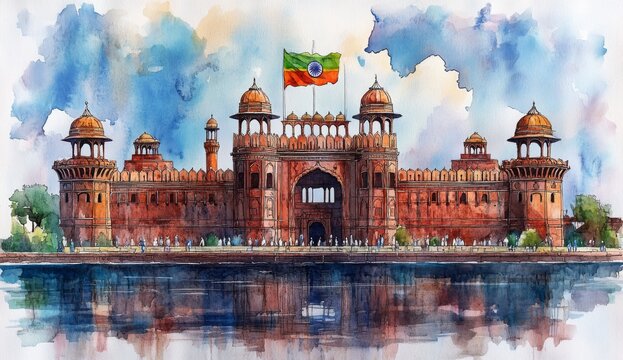 Golden anniversary commemorative illustration with fort and flag golden foil effects, created for government anniversary campaigns, historical society medals, or cultural achievement certificates.