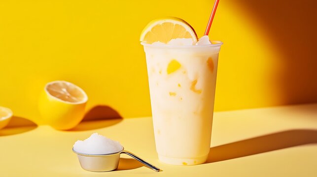Iced lemon yakult team with sugar pot and spoon served in disposable glass