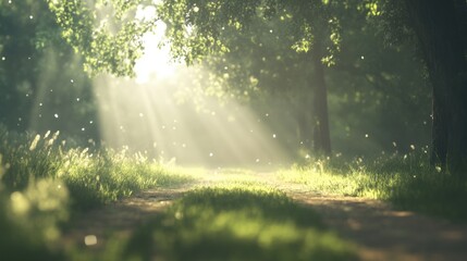 Obraz premium Gentle rays of sunlight stream through the tree canopy, creating a tranquil atmosphere on a forest path filled with soft greenery