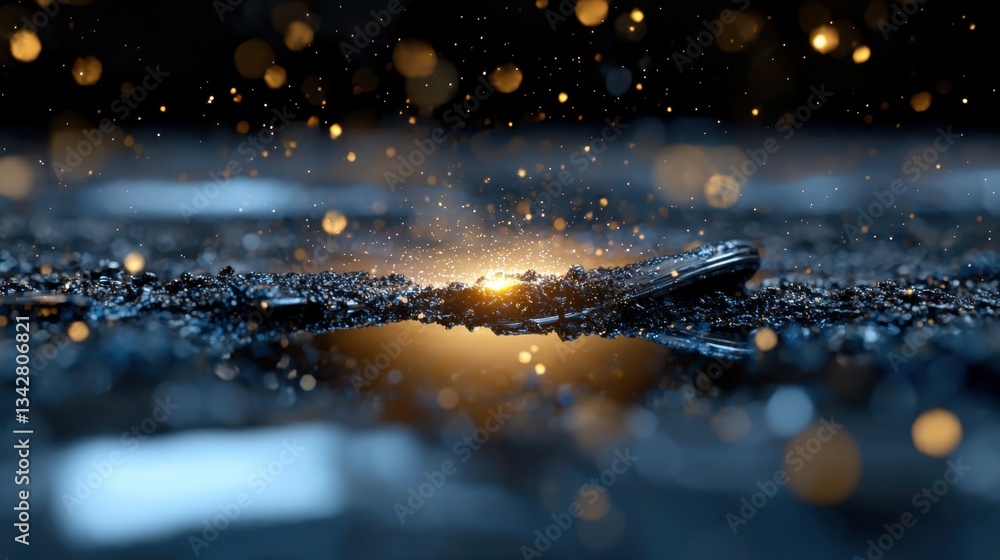 Poster tiny particles float in the air, catching a warm light above a reflective dark surface at night. the