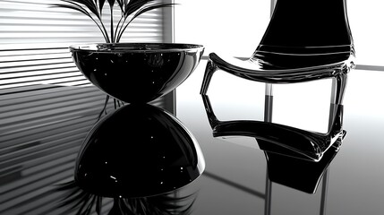 Modern chair, plant, sitting room interior, window, bright light. For designs