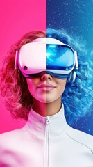 Futuristic Woman in Virtual Reality Headset with Colorful Background