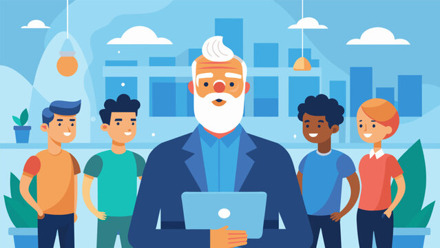 A boomer entrepreneur proudly gives a tour of their startup headquarters pointing out the team members who bring diverse perspectives and skills to the table.. Vector illustration