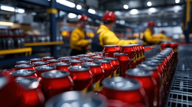 Two workers wear yellow jackets and red hard hats while handling cans on a busy production line in a brewery. The environment is industrial and well-lit