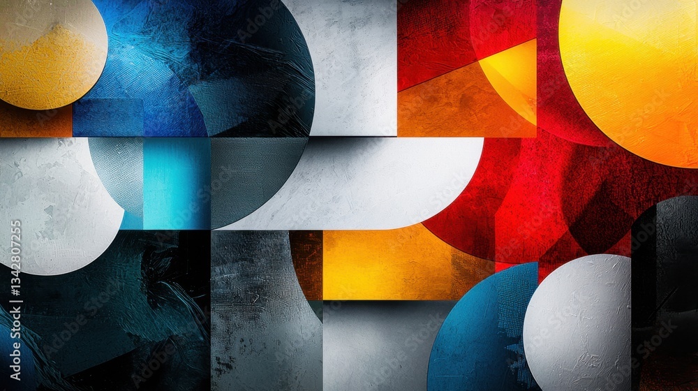 Poster vivid colors and diverse geometric shapes are arranged to create a dynamic composition. this artwork