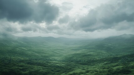 Naklejka premium A misty, green valley under a cloudy sky, evoking tranquility and nature.