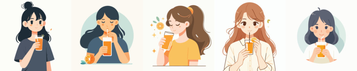 set of vector girls drinking orange juice