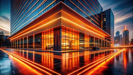 Night architecture bathed in orange neon; glowing lines define the urban landscape's photographic beauty.
