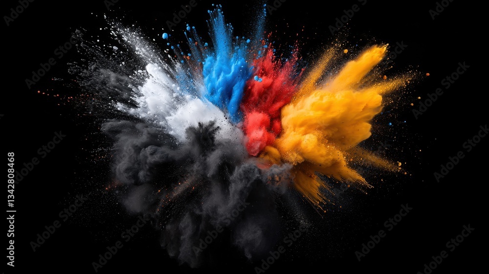 Poster bright colors like blue, red, yellow, and white burst forth in a dramatic display against a dark bac