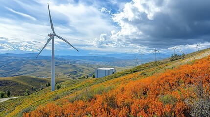 Vibrant green hills showcase clean energy generation from numerous wind turbines against a dramatic, cloudy sky, harmonizing sustainable technology and nature