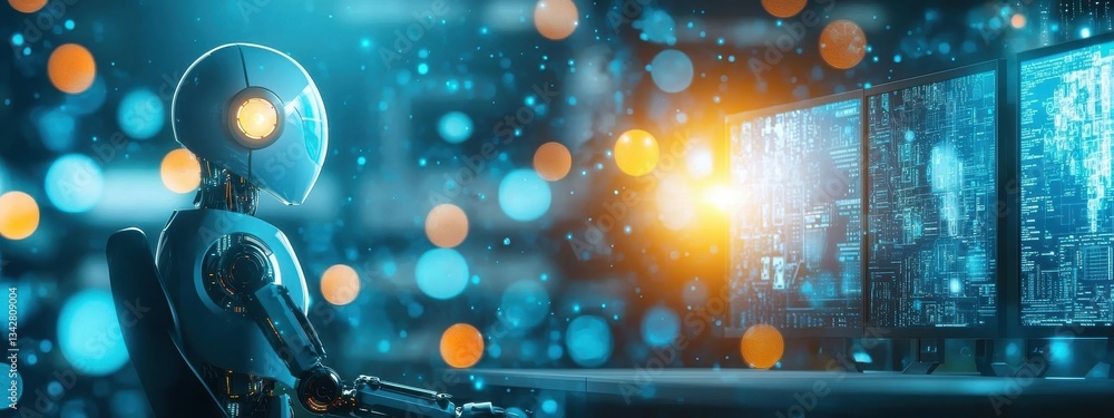 Poster futuristic robot analyzing data on multiple screens in modern office