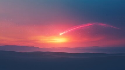 Obraz premium A stunning sunset transforms the sky into vibrant hues while a comet streaks across, casting its glow over the serene landscape