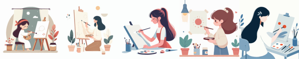 vector set of a girl painting