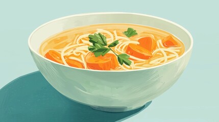 A comforting bowl of warm soup featuring thin noodles and diced carrots is served, garnished with fresh parsley. The light pastel background enhances the inviting appearance of the dish