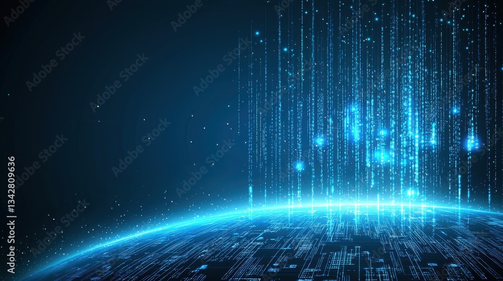 Poster futuristic digital landscape with data streams over planet surface
