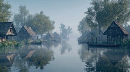 Fototapeta premium Serene village scene with wooden houses by a misty river.