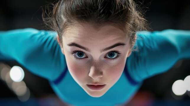 A young gymnast focuses intensely as she prepares to execute a routine on the balance beam during a competitive event in the arena, highlighting her athletic ability and poise